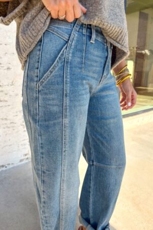 Sky Blue Medium Wash Cuffed Barrel Jeans - Image 3