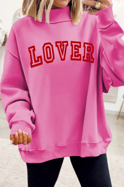 Bright Pink LOVER Heart Script Reversible Print Mock Neck Sweatshirt