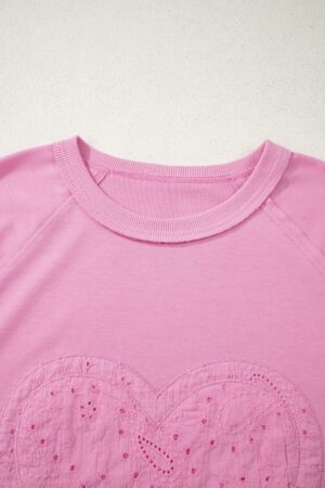 Pink Paisley Broderie Anglaise Valentine Heart Pattern Long Sleeve Patchwork Top - Image 4