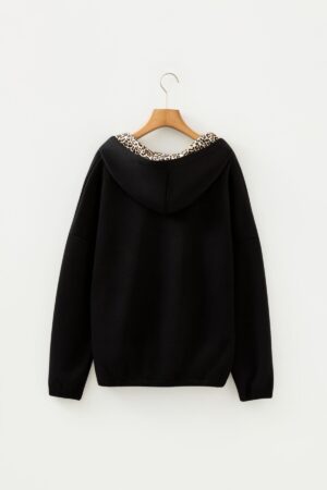 Black Leopard Contrast Drawstring Hood Drop Shoulder Loose Top - Image 5