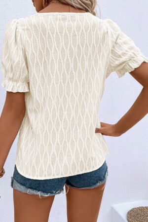 White Solid Color Textured Notched Neck Puff Sleeve Blouse - Image 2