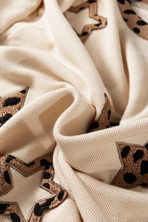 Beige Contrast Leopard Star Patchwork Detail Raw Seam Baggy Sweatshirt - Image 9