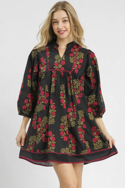 Black Floral Print Notched Neck Piping Trim Bracelet Sleeve Babydoll Dress