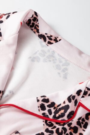 White Leopard Star Ribbon Bow Print Contrast Trim Short Pajama Set - Image 6