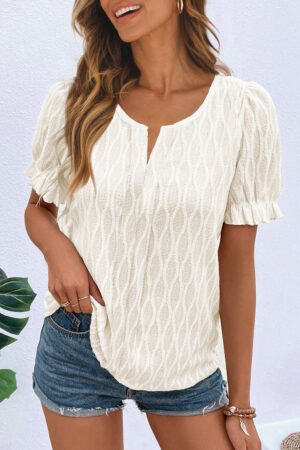 White Solid Color Textured Notched Neck Puff Sleeve Blouse - Image 4