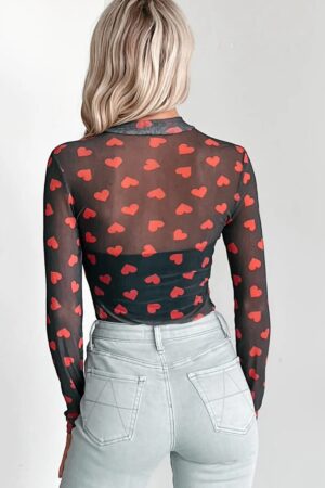 Alternative view of Black Valentines Heart Printed Sheer Mesh Long Sleeve Top