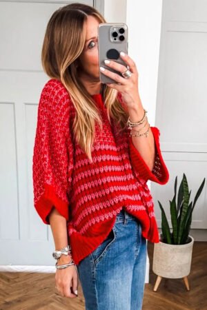 Red Stripe 3/4 Draped Sleeve Slouchy Sweater - Image 3