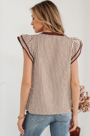 Khaki Stripe Double Ruffled Short Sleeve V Neck Blouse - Image 15