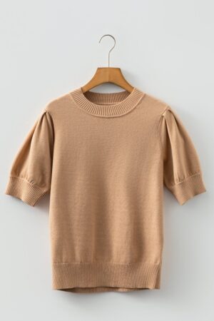 Light French Beige Solid Color Knit Short Puff Sleeve Sweater - Image 4