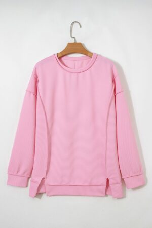 Pink Horizontal Ribbed Exposed Seam Detail Drop Shoulder Baggy Pullover - Image 5