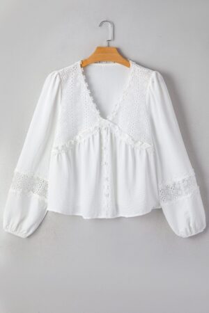 White Solid Color Floral Guipure Lace Patchwork Frilled Long Sleeve Blouse - Image 5