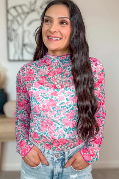 Alternative view of Pink Slim Fit Floral Mesh Long Sleeve Mock Neck Top