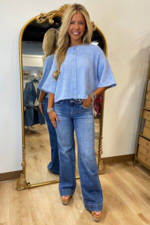 Beau Blue 3/4 Sleeve Boxy Knit Button Down Sweater Cardigan - Image 5
