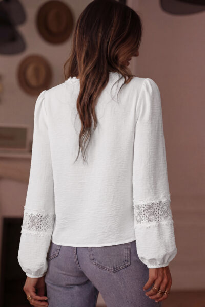 Alternative view of White Solid Color Floral Guipure Lace Patchwork Frilled Long Sleeve Blouse