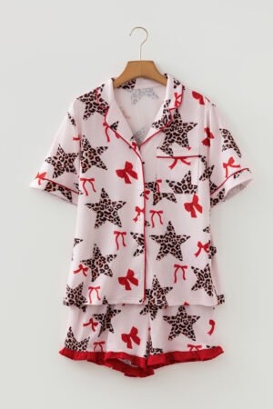 White Leopard Star Ribbon Bow Print Contrast Trim Short Pajama Set - Image 3
