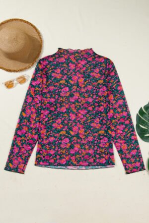 Rose Plus Size Vintage Floral Print Mesh Long Sleeve Top - Image 4