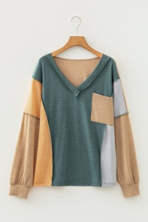 Four Leaf Clover Exposed Stitching Colorblock V Neck Long Sleeve Top - Image 5