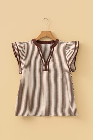 Khaki Stripe Double Ruffled Short Sleeve V Neck Blouse - Image 7