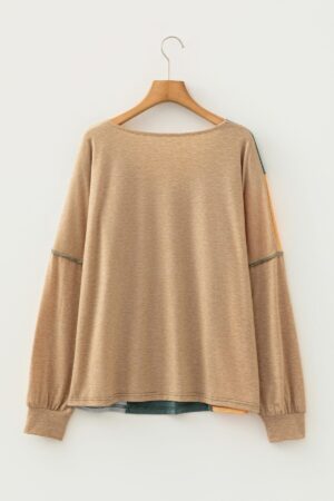 Four Leaf Clover Exposed Stitching Colorblock V Neck Long Sleeve Top - Image 6