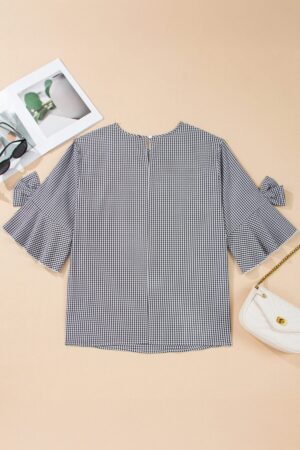Black Plus Size Plaid Bow Decor Bell Sleeve Round Neck Jumper - Image 4