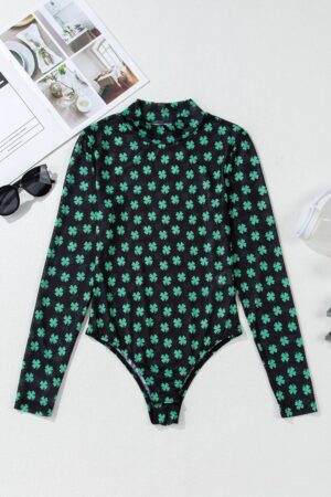 Green St Patrick Shamrock Printed Long Sleeve Mesh Bodysuit - Image 6