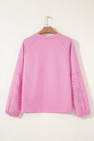 Pink Paisley Broderie Anglaise Valentine Heart Pattern Long Sleeve Patchwork Top - Image 3