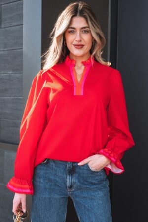 Fiery Red Striped Trim Ruffle Split Neck Long Sleeve Blouse - Image 9