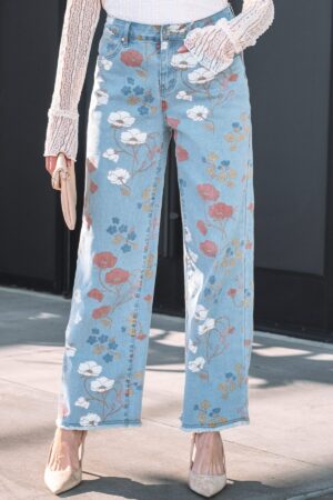 Sky Blue Floral Printed Raw Hem Shift Jeans - Image 17