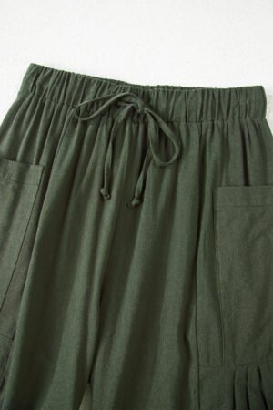 Jungle Green Drawstring Elastic Waist Patch Pocket Barrel Leg Casual Pants - Image 8