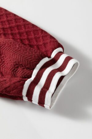 Racing Red Rhombus Textured Striped Patchwork Zip Neck Pullover Sweatshirt - Image 7
