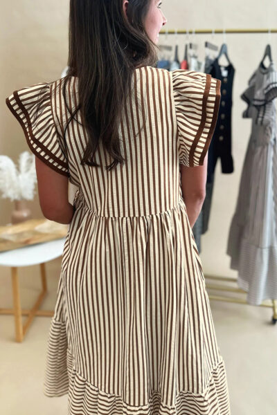 Alternative view of Brown Stripe Double Ruffled Short Sleeve Contrast Trim V Neck Midi Dress