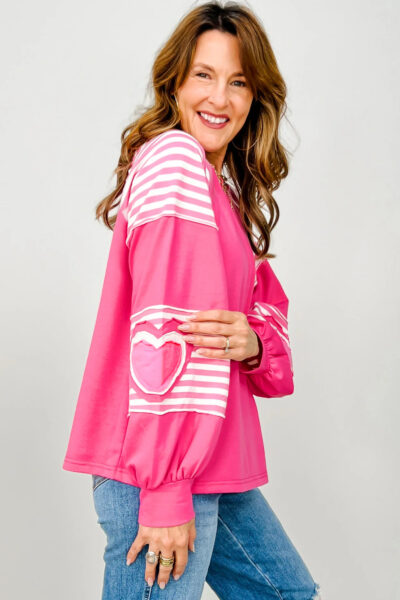 Alternative view of Strawberry Pink Heart Shape Striped Patchwork Long Sleeve Loose Top
