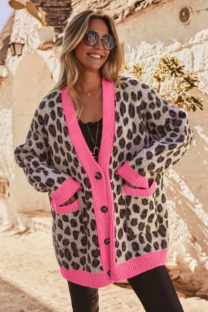 Khaki Oversize Color Block Trim Button Down Leopard Print Cardigan - Image 3