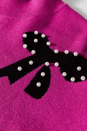 Bright Pink Pearl Embellished Bow Pattern Loose Sweater - Image 7