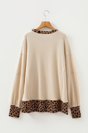 Beige Contrast Leopard Star Patchwork Detail Raw Seam Baggy Sweatshirt - Image 7