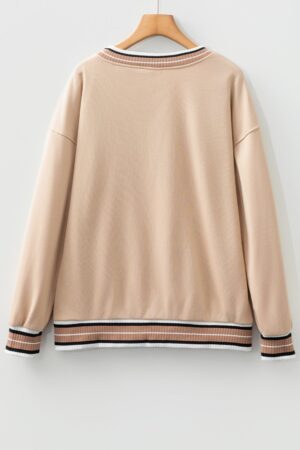 Parchment Varsity Contrast Striped Trim V Neck Sweatshirt - Image 6