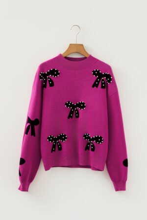 Bright Pink Pearl Embellished Bow Pattern Loose Sweater - Image 5