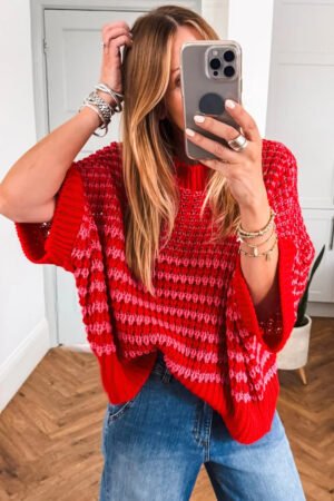 Red Stripe 3/4 Draped Sleeve Slouchy Sweater - Image 4