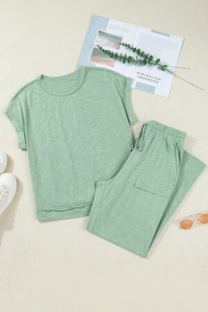 Canton Cuffed Short Sleeve Tee Raw Seam Patch Pocket Drawstring Pants Set - Image 4