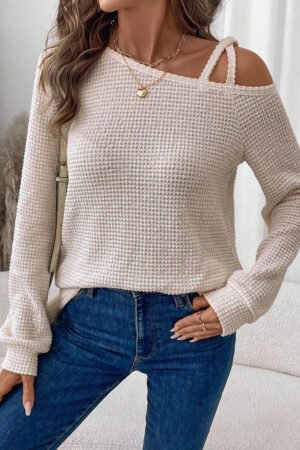 Jet Stream Solid Color Textured Knit Asymmetric Shoulder Long Sleeve Top - Image 3