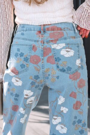 Sky Blue Floral Printed Raw Hem Shift Jeans - Image 22