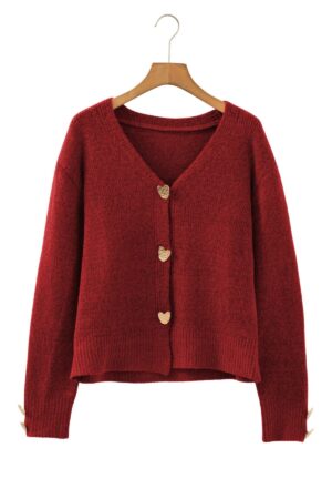 Fiery Red Heart Metal Button V Neck Cardigan Sweater - Image 13