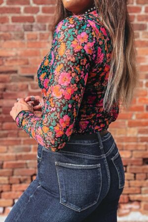 Alternative view of Rose Slim Fit Floral Mesh Long Sleeve Mock Neck Top