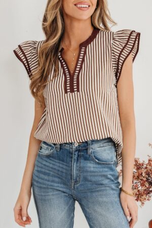 Khaki Stripe Double Ruffled Short Sleeve V Neck Blouse - Image 20