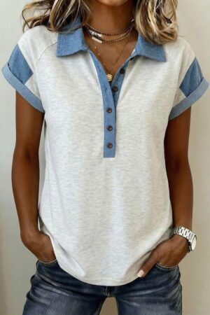 Light Grey Denim Color Block Patchwork Shirt Collar Short Sleeve Blouse