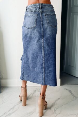 Sail Blue Dearlove Irregular Distressed Bottom Denim Midi Skirt - Image 2