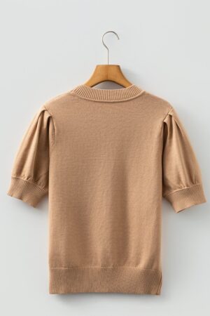 Light French Beige Solid Color Knit Short Puff Sleeve Sweater - Image 5