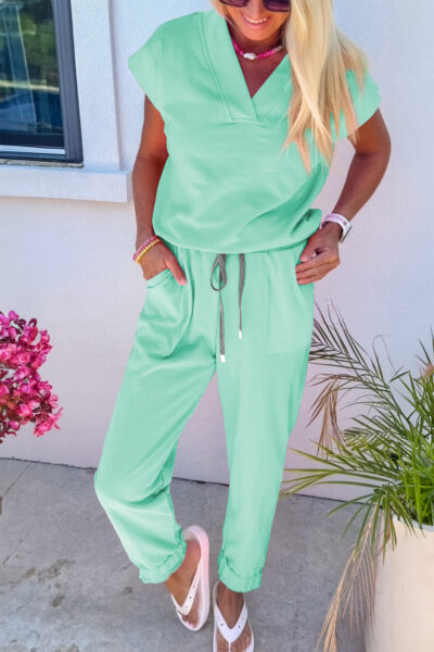 Alternative view of Mint Green Solid Color V Neck Tee Drawstring Pant Set
