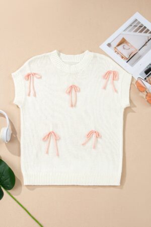 White Short Sleeve Knit Contrast Bow Knot Loose Sweater - Image 4