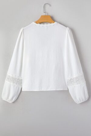 White Solid Color Floral Guipure Lace Patchwork Frilled Long Sleeve Blouse - Image 6